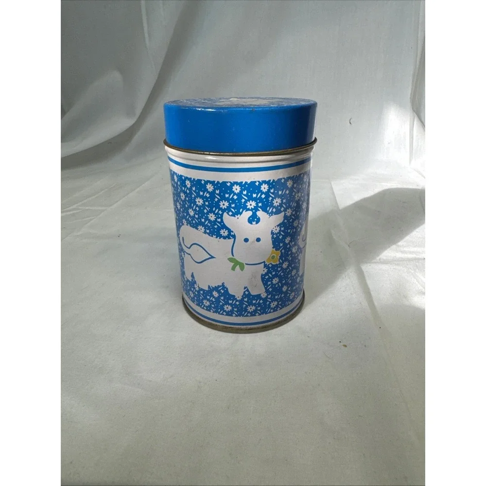 VTG Country Kitchen Tin Canister Cow Blue White Taiwan 4.25